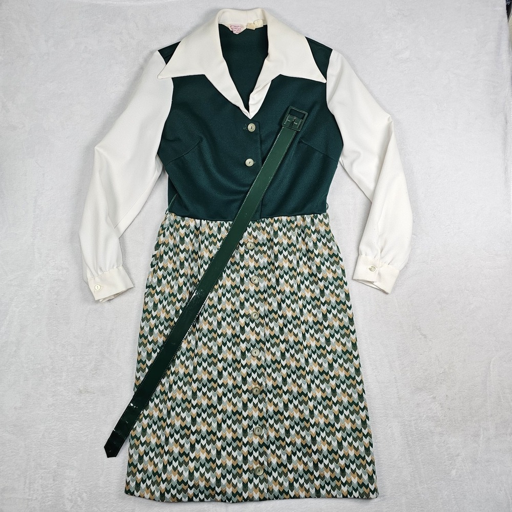 Vtg 60's 70's Fritzi Shirt Dress 4 W/ Belt Brady Bunch Point Wide Collar Retro
